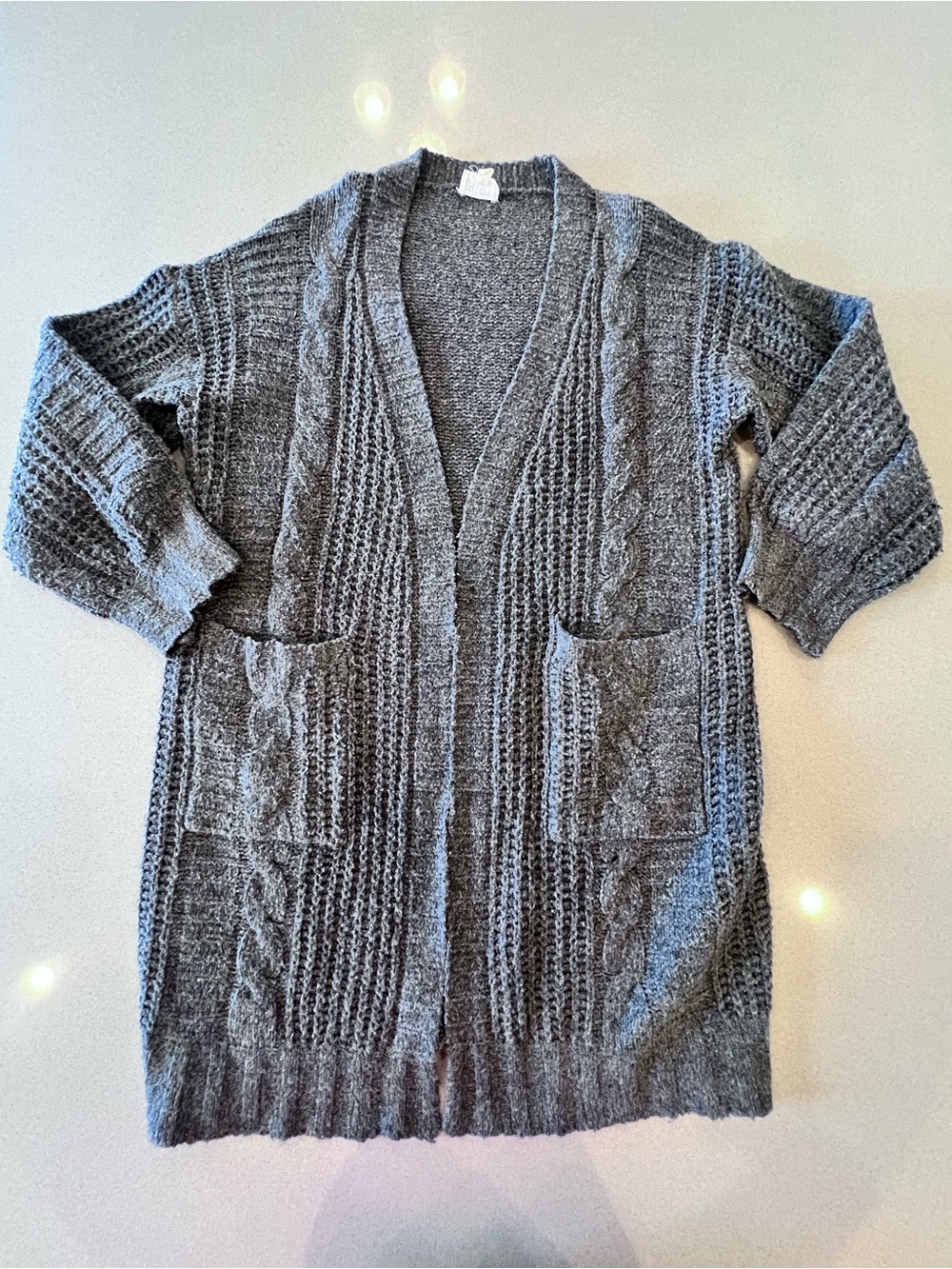 BiBi Grey Cable Knit Open-Front Cardigan Pockets Sz Large